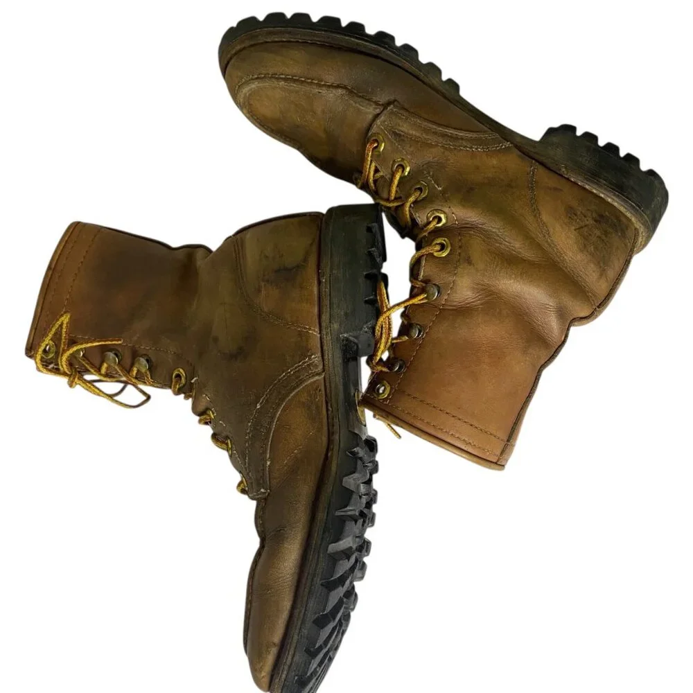 Vintage Herman Leather Work Boots Brown Lace-Up Men‎ Vibram Lug Sole 7-7.5 USA
